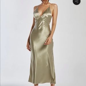 Sage backless slip dress with slit